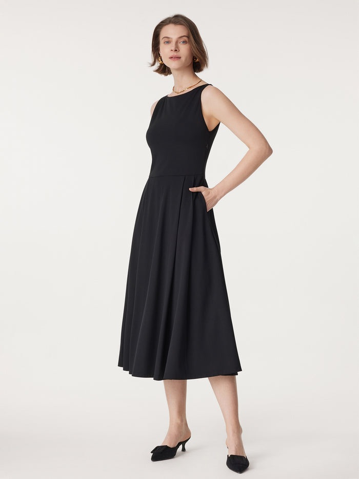Ogl Black Sleeveless Bamboo Sculpting Stretch Ponte Boatneck Chic Midi Dress L
